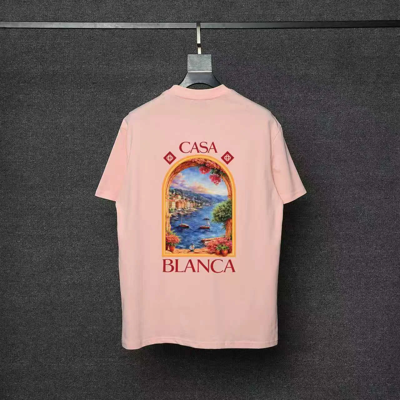 26ss CASABLANCA original printing process short-sleeved T-shirt original development using high-density double yarn pure cotton fabric upper body soft and comfortable color Black White Dark Green color Orange Pink Blue Royal Blue color cigarette powder 8 colors Sizes S M L XL